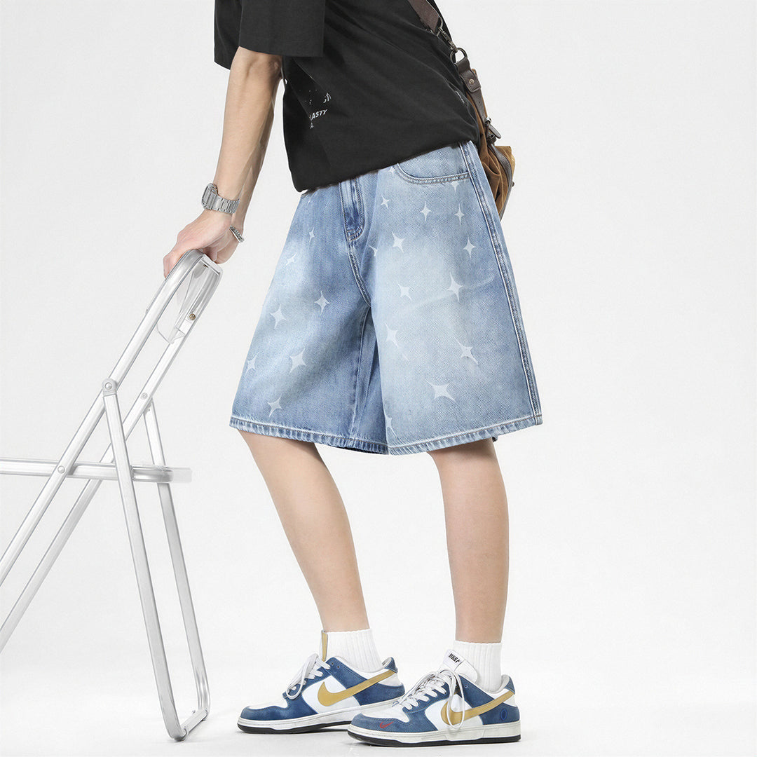 Men's Summer Light Wash Cross Print Baggy Denim Shorts