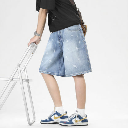 Men's Summer Light Wash Cross Print Baggy Denim Shorts