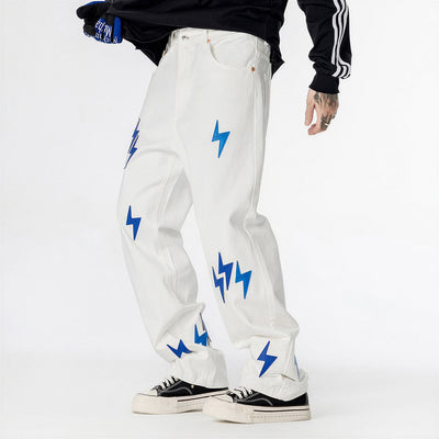 Men's Spring White & Blue Lightning Embroidery Jeans