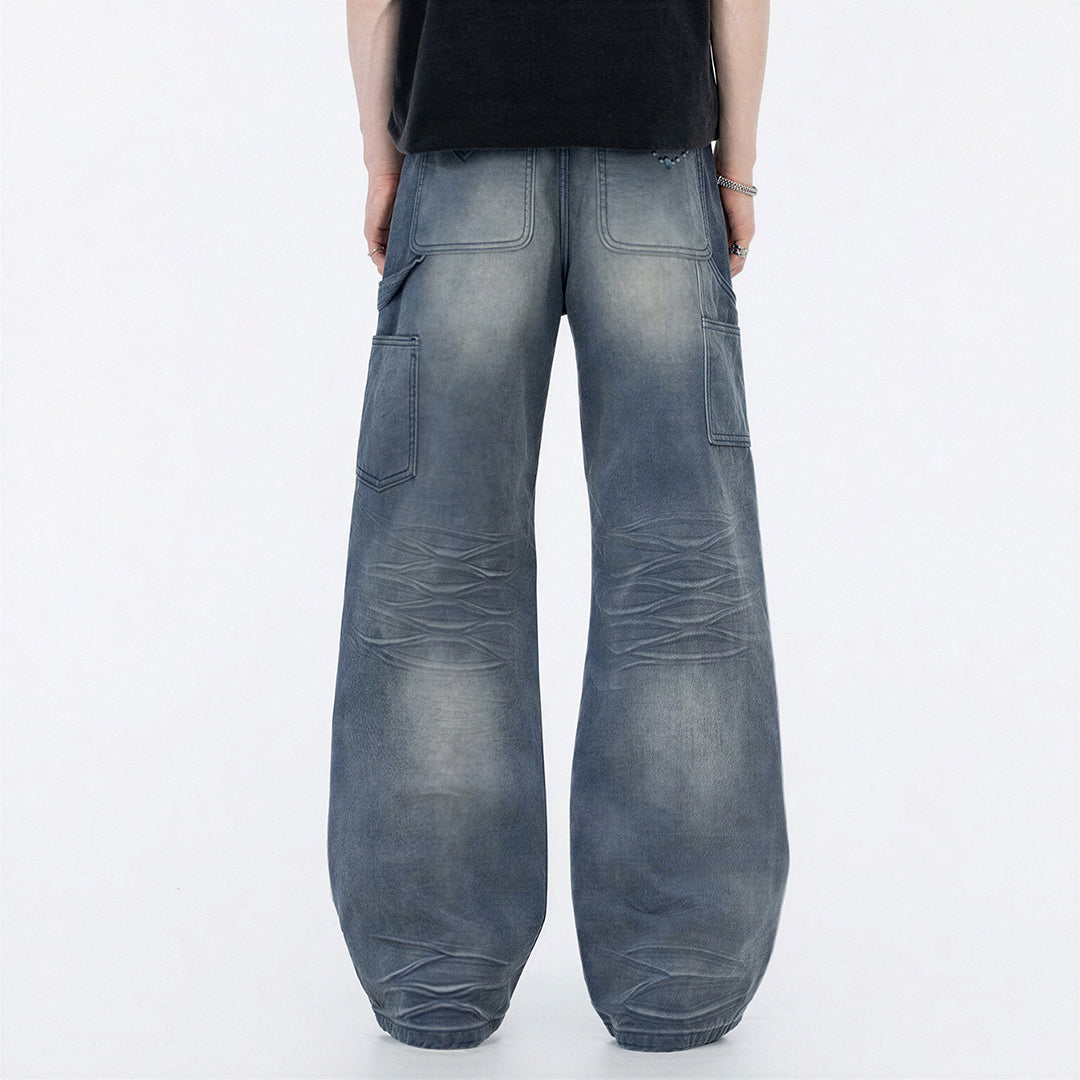 Men's Spring Blue Gray Gradient Cat Whisker Denim Jeans
