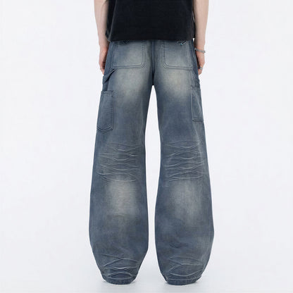 Men's Spring Blue Gray Gradient Cat Whisker Denim Jeans