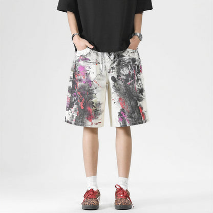 Men's Summer Abstract Splash Ink Art Print Denim Shorts