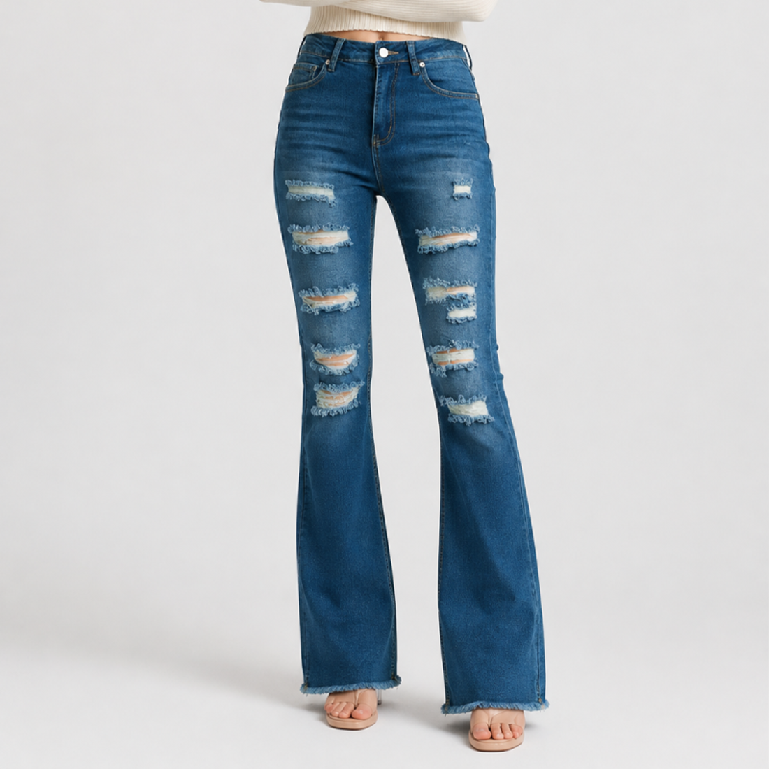 Women's Distressed Ripped Frayed Hem Stretch Flare Jeans