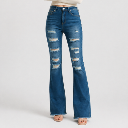 Women's Distressed Ripped Frayed Hem Stretch Flare Jeans