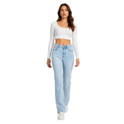 Women's Light Blue Wash Stretch Slim Straight Leg Jeans