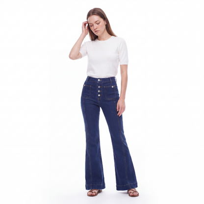 Women's High Waist Button Fly Stretch Flare Jeans