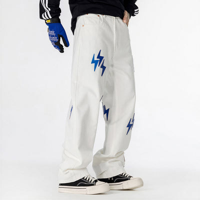 Men's Spring White & Blue Lightning Embroidery Jeans