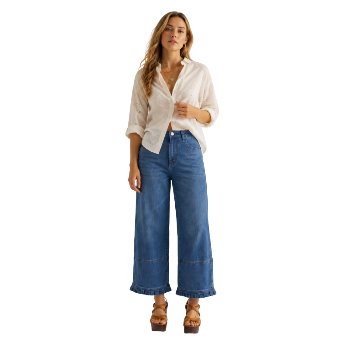 Women's High Waist Wide Leg Jeans with Ruffle Hem