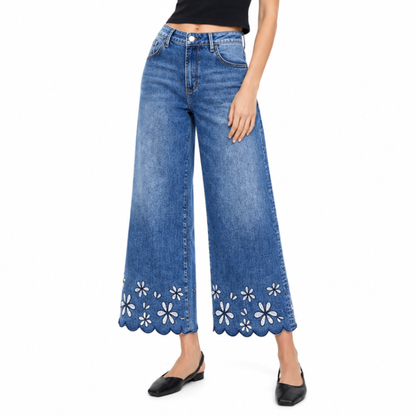 Women's High Waist Floral Embroidered Wide Leg Jeans