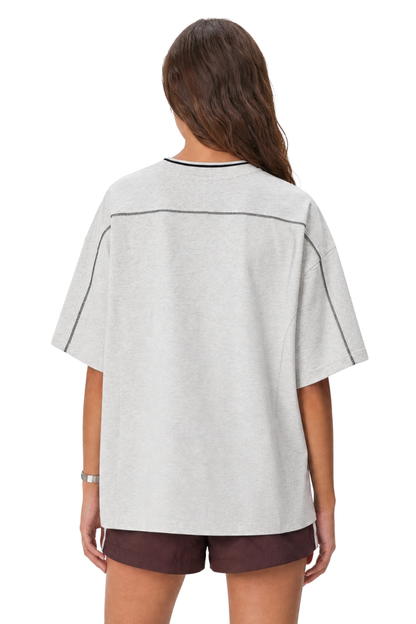 Womens Colorblock Topstitch Ribbed Cotton Drop Shoulder Tee