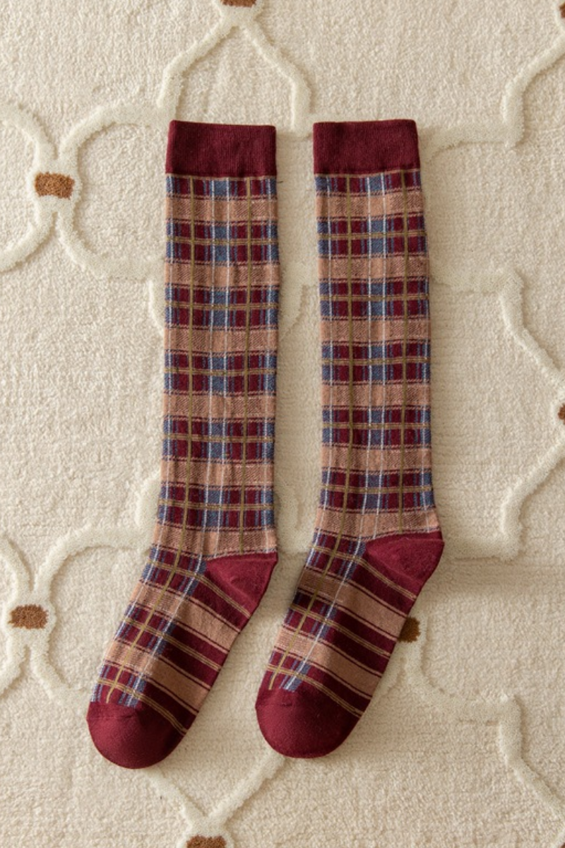 Women Fall Vintage Plaid Stretch Knee High Dress Socks