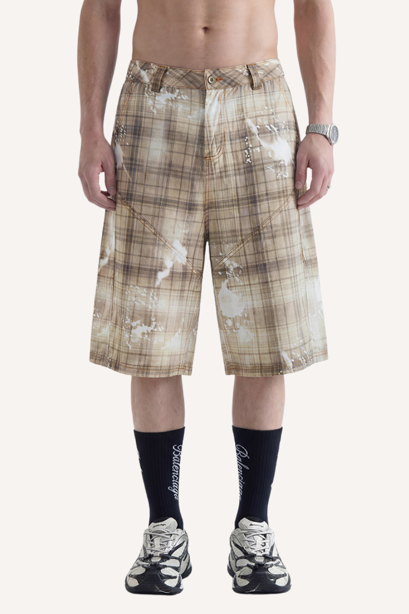 Men's 2026 Summer Curved Cargo 7/8 Plaid Washed Pants