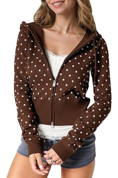 Women Fall Clothing Polka Dot Cropped Zip Hoodie Jacket