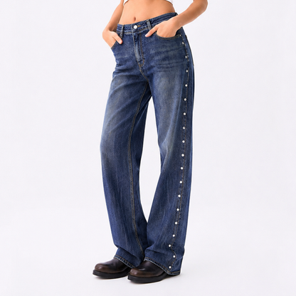 Women's High Waist Side Studded Wide Leg Jeans