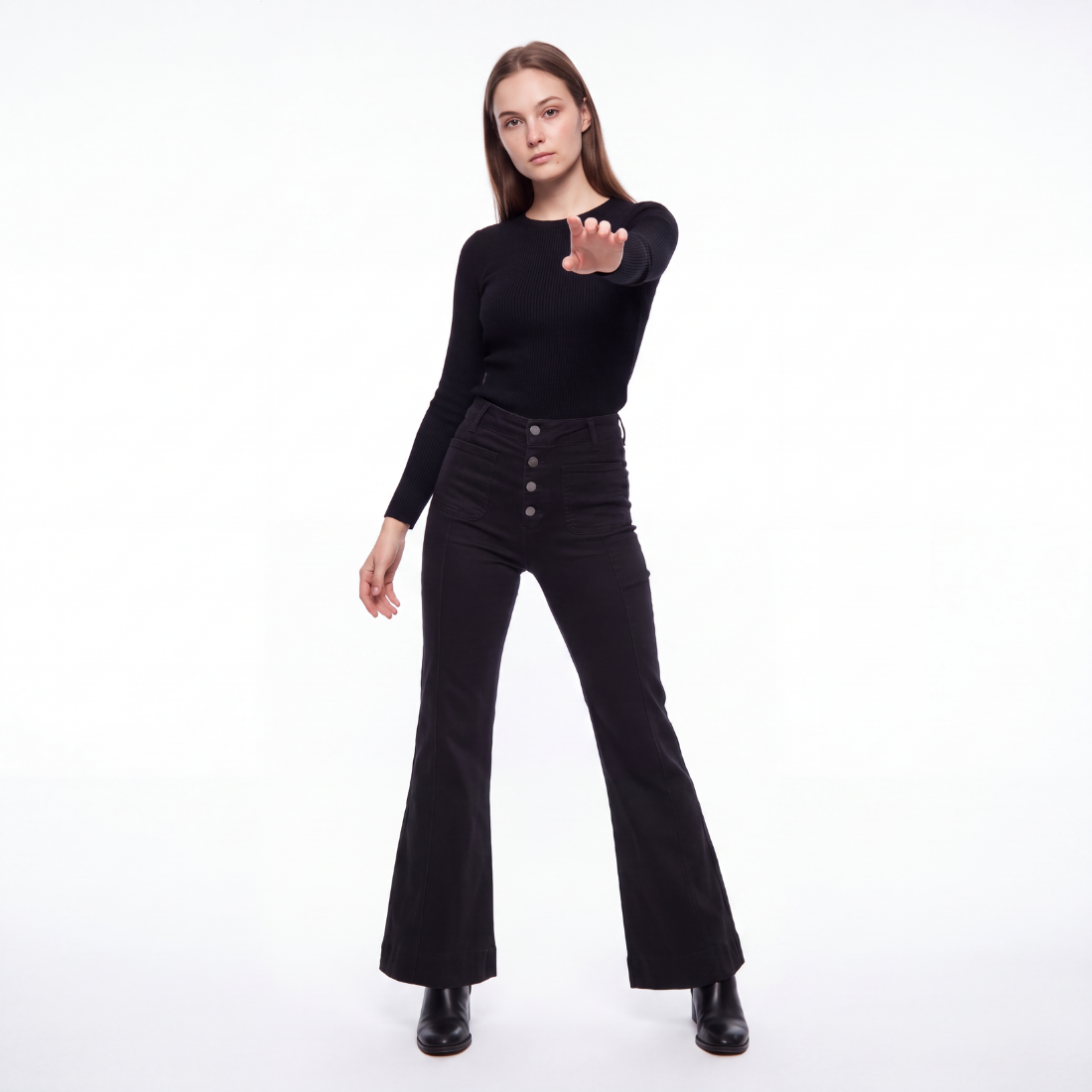 Women's Black High Waist Button Fly Stretch Flare Jeans