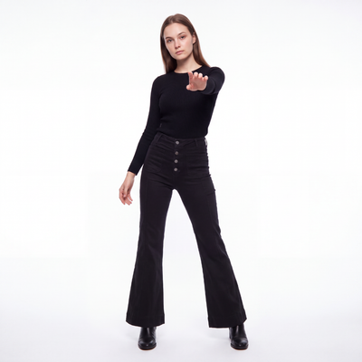 Women's Black High Waist Button Fly Stretch Flare Jeans