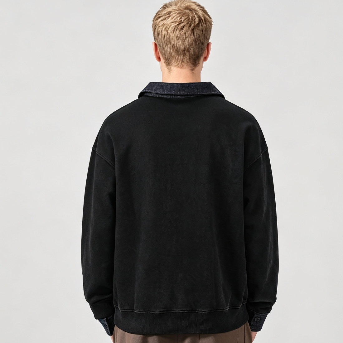 Men's Spring Denim-Collar Half-Button Loose Polo Sweatshirt