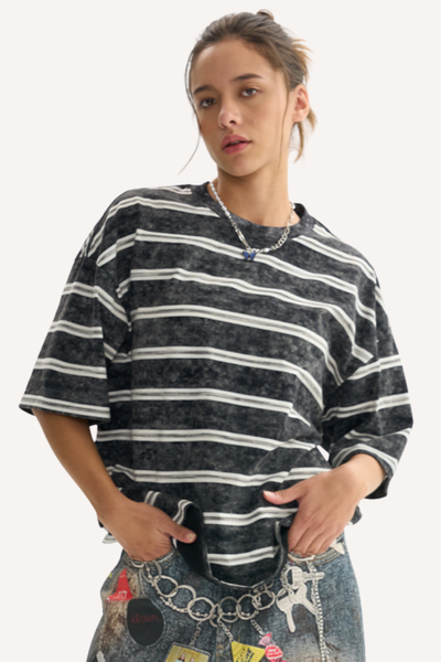Unisex Washed Stripe Ribbed Crewneck Boxy Tee