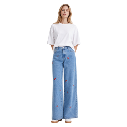 Women's High Waist Cherry Embroidered Wide Leg Jeans