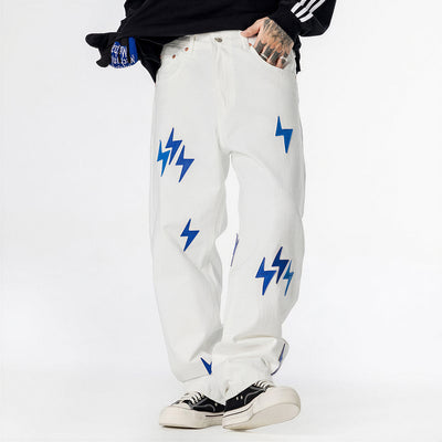 Men's Spring White & Blue Lightning Embroidery Jeans