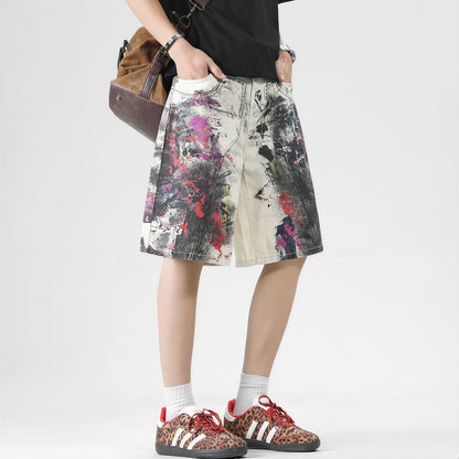Men's Summer Abstract Splash Ink Art Print Denim Shorts