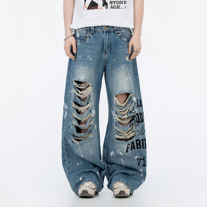 Men's Spring Heavy Ripped Splatter Print Denim Jeans