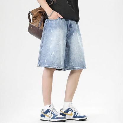 Men's Summer Light Wash Cross Print Baggy Denim Shorts