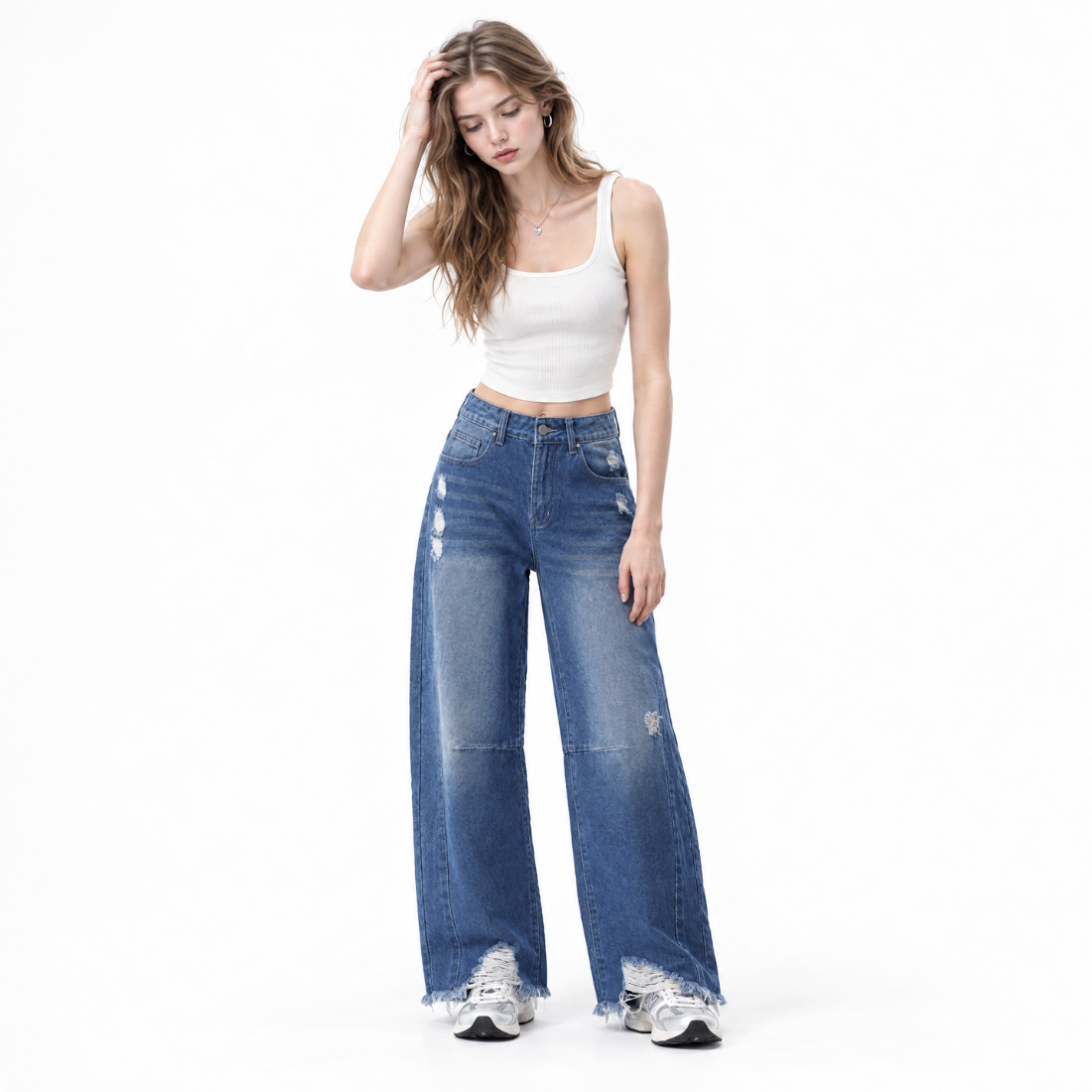 Women's High Waist Distressed Wide Leg Jeans