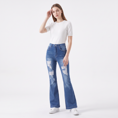 Women's High Waist Ripped Distressed Stretch Flare Jeans