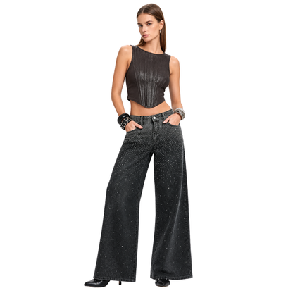 Women's Vintage Washed High Waist Rhinestone Wide Leg Jeans