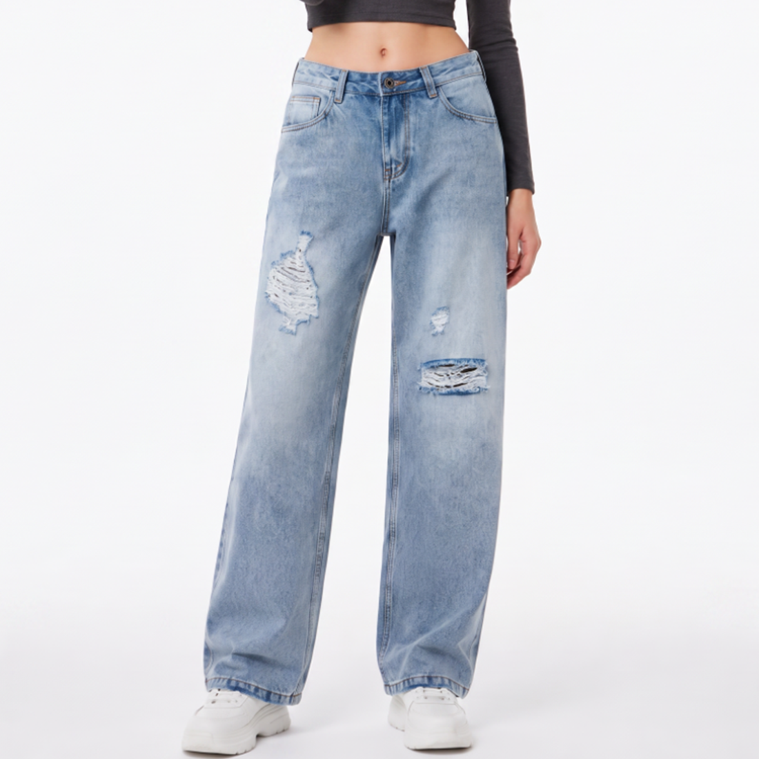 Women's High Waist Ripped Straight Leg Jeans