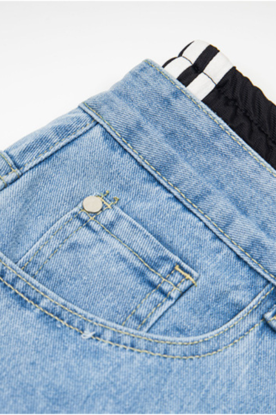 Unisex Summer Cotton Fringe Patch Striped Wide-Leg Jeans
