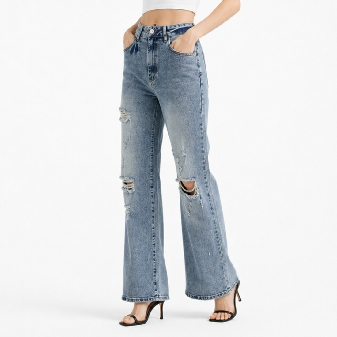 Women's High Waist Distressed Ripped Wide Leg Jeans