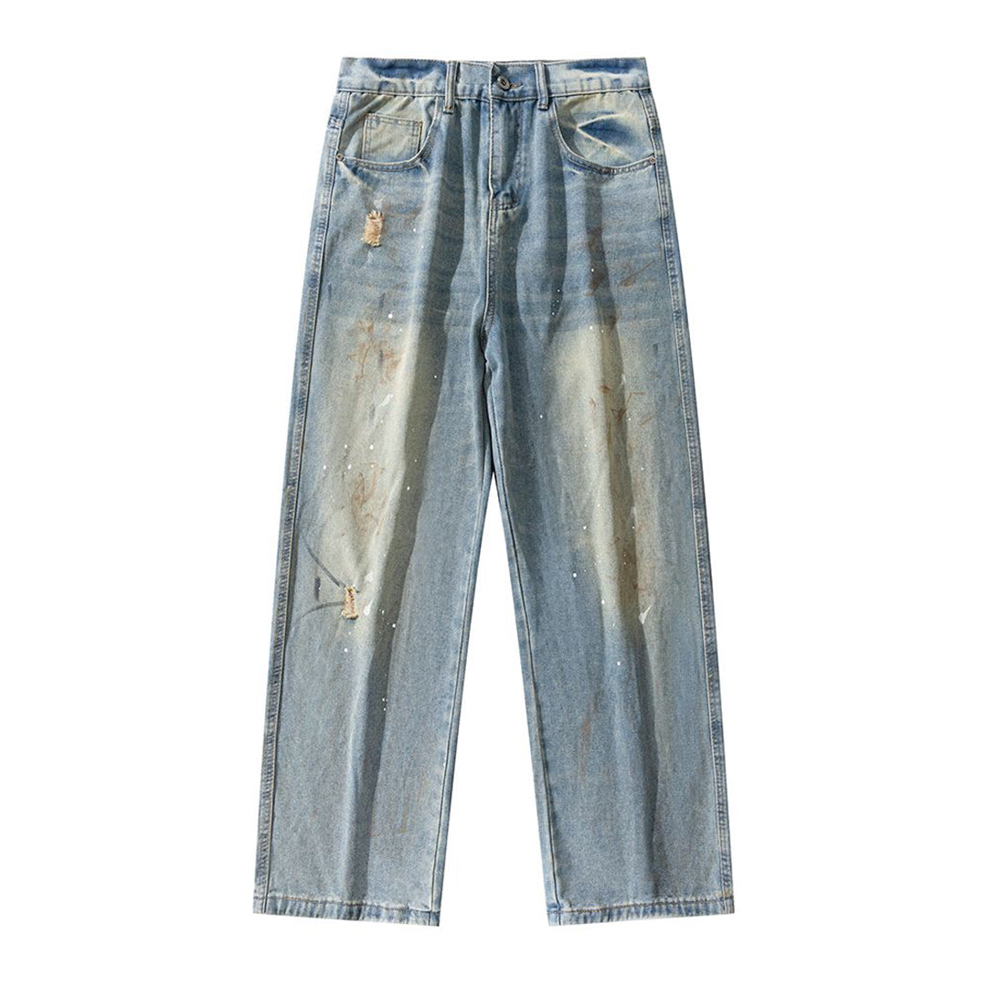 Men's Spring Washed Splatter Paint Straight Leg Jeans