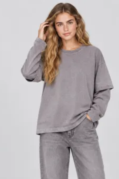 Women Fall Clothing Vintage Washed Layered Long Sleeve Tee