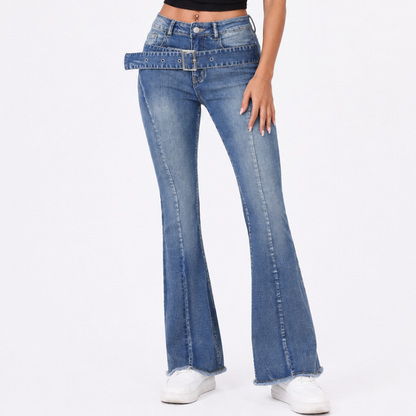 Women's High Waist Stretch Flare Jeans with Attached Belt