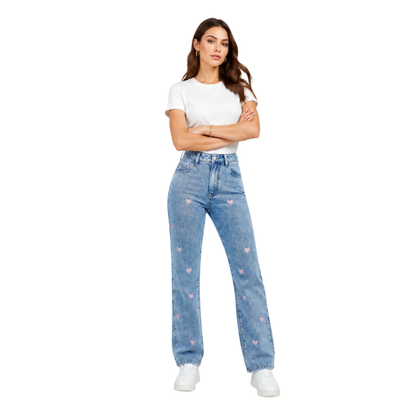 Women's Pink Heart Embroidered Straight Leg Jeans