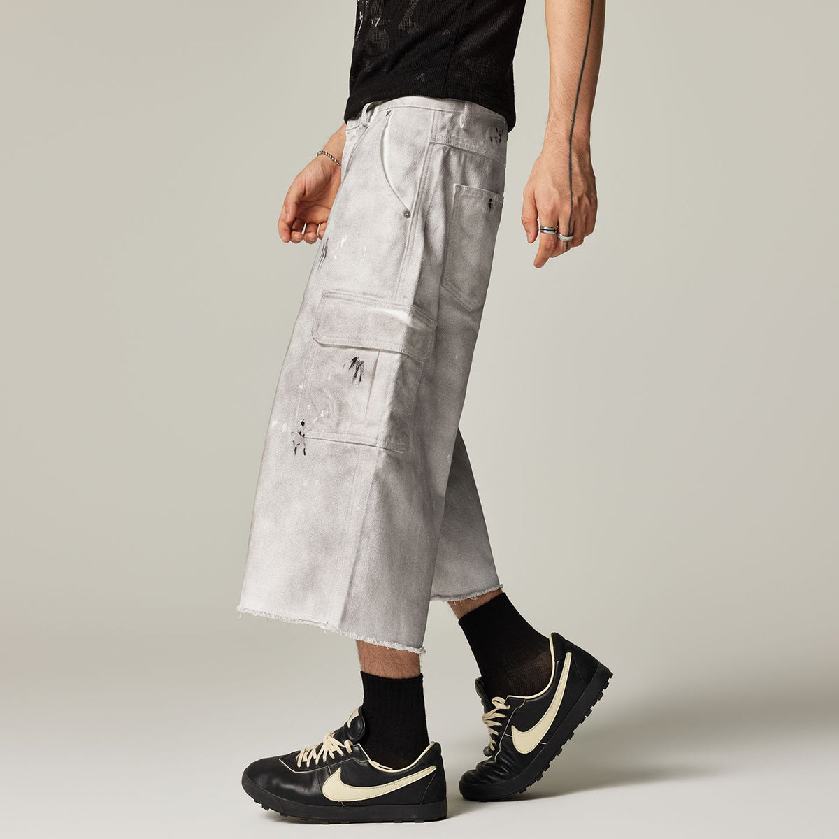 Men's Spring Gradient Splatter Cargo Wide-Leg Denim Shorts