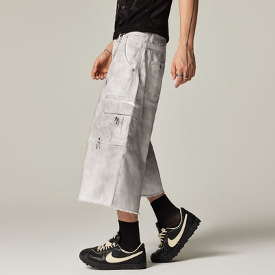 Men's Spring Gradient Splatter Cargo Wide-Leg Denim Shorts