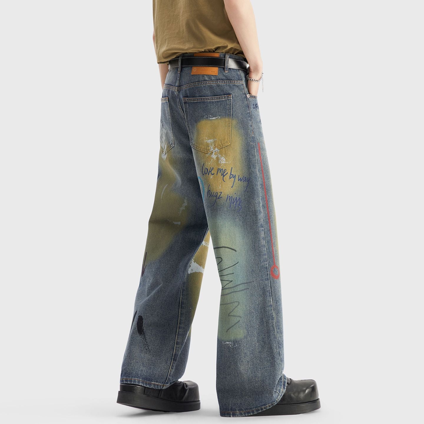 Men's Spring Dark Blue Graffiti Print Wide Leg Denim Jeans