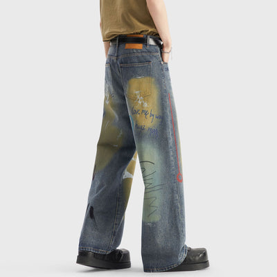 Men's Spring Dark Blue Graffiti Print Wide Leg Denim Jeans
