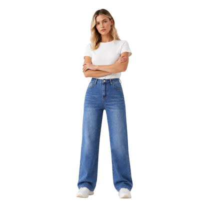 Women's Classic Blue Wash Relaxed High Waist Straight Jeans