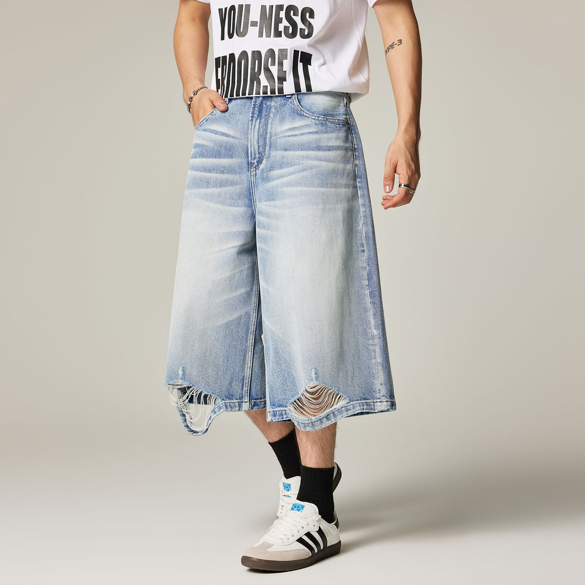 Men's Summer Cat Whisker Ripped Wide-Leg Denim Shorts