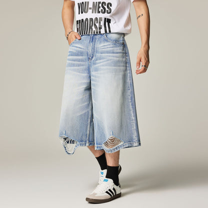 Men's Summer Cat Whisker Ripped Wide-Leg Denim Shorts