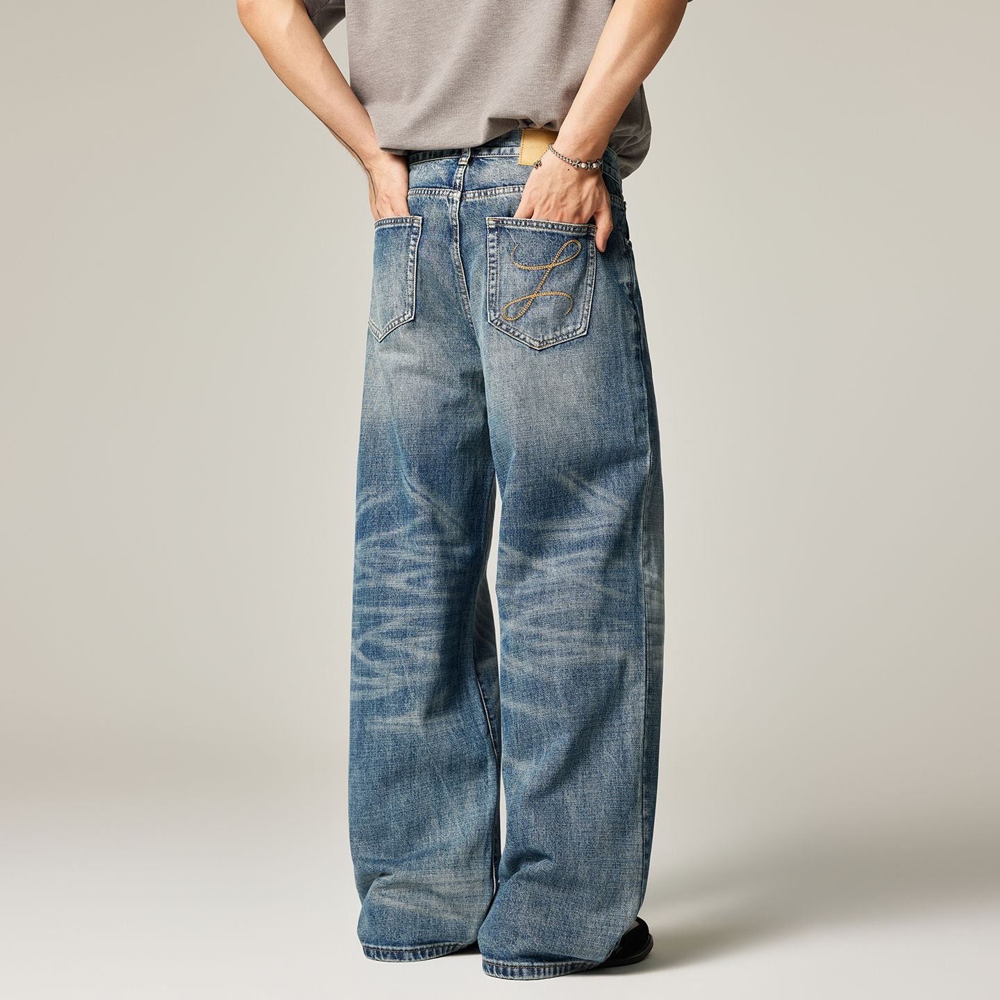 Men's Spring Gradient Blue Cat Whisker Wide-Leg Denim Jeans