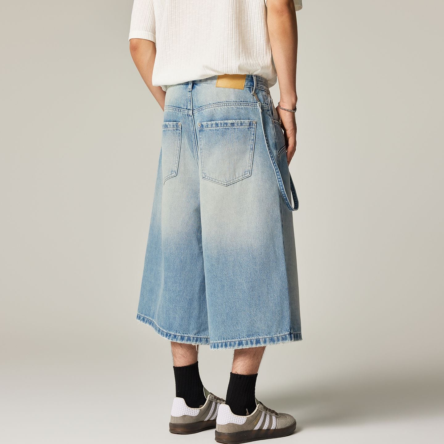 Men's Summer Washed Strap Wide-Leg Denim Shorts