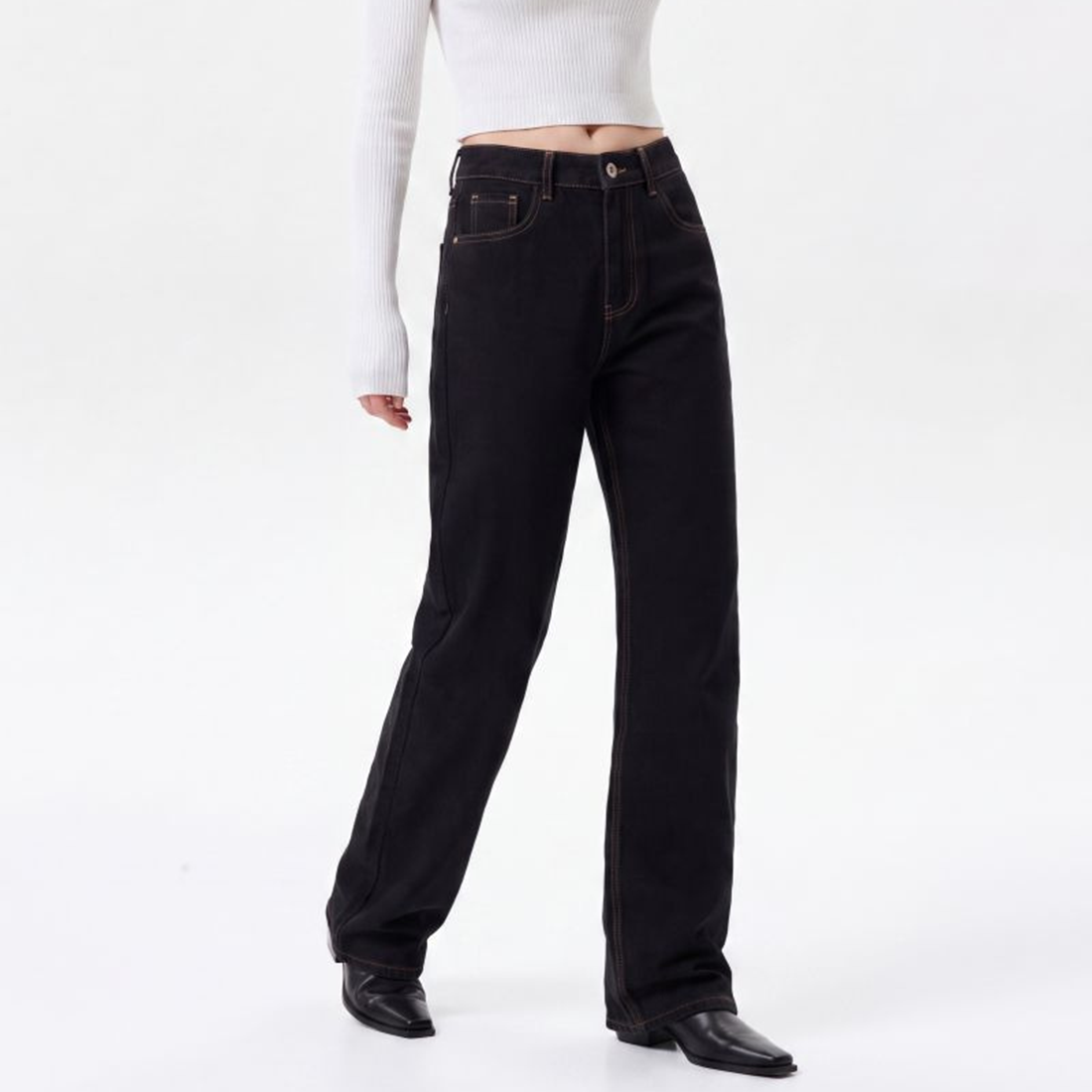 Women's High Waist Black Wash Straight Leg Jeans