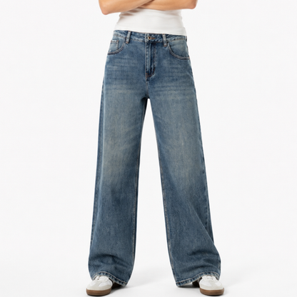 Women's 100% Cotton High Waist Wash Straight Leg Jeans