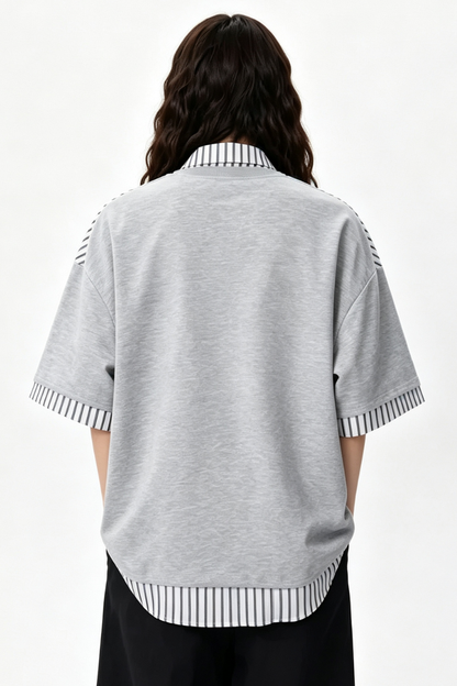 Women's Summer Layered Stripe-Spliced Short-Sleeve T-Shirt