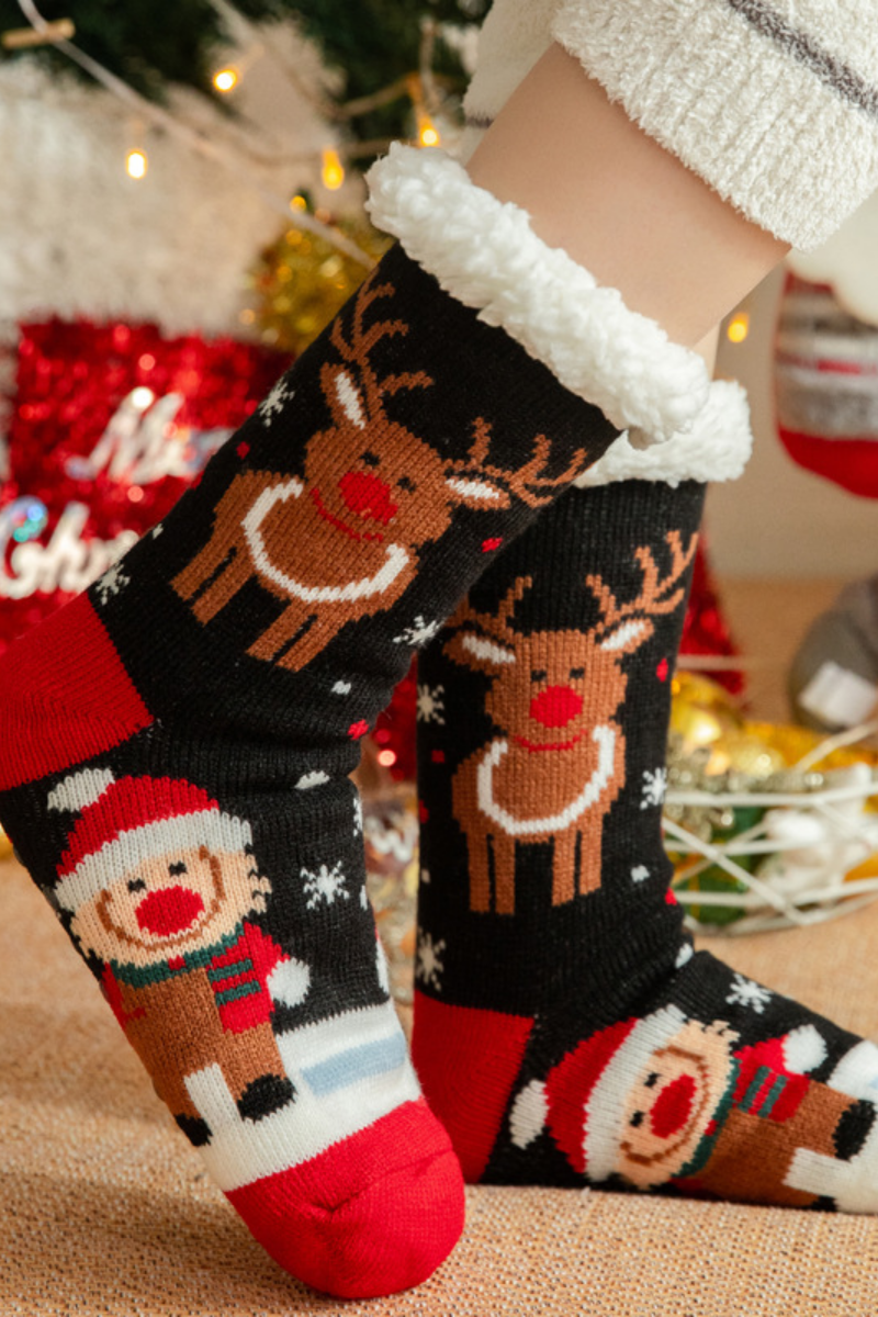 Women Winter Christmas Fleece Cuff Non Slip Slipper Socks